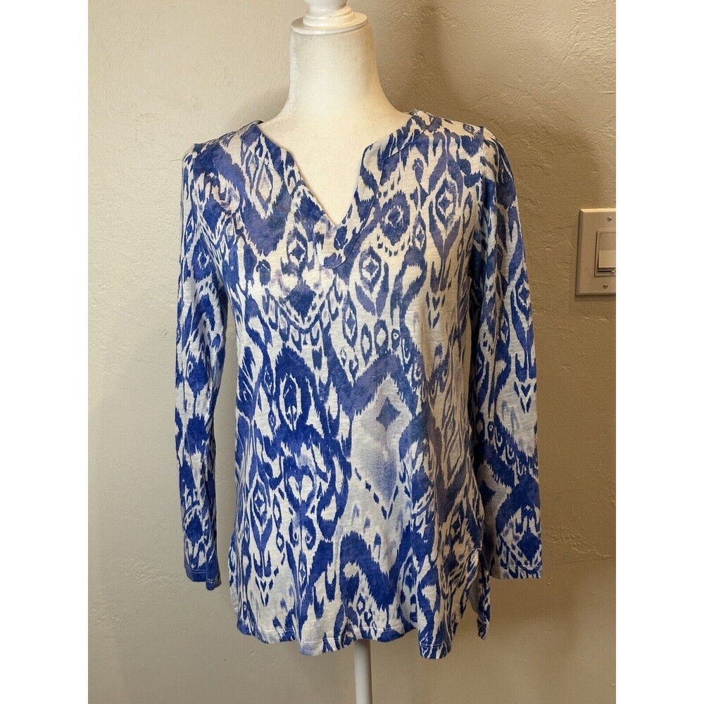 Chico Ikat Linen Split-Neck Top 100% Linen Size 0 / Small BG2263